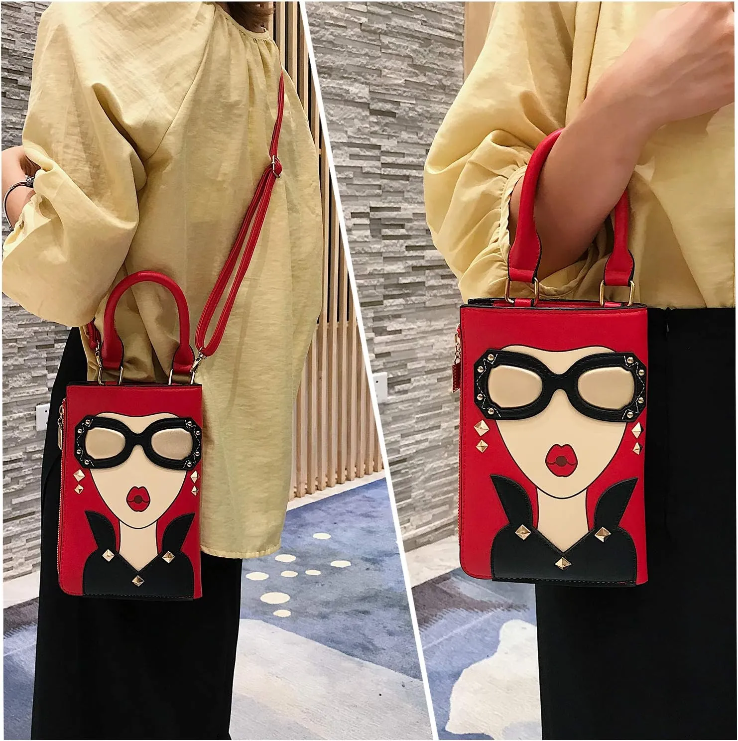KUANG! Women Novelty Lady Face Shoulder Bags Funky PU Leather Top Handle Satchel Handbags Clutch Purse for Women