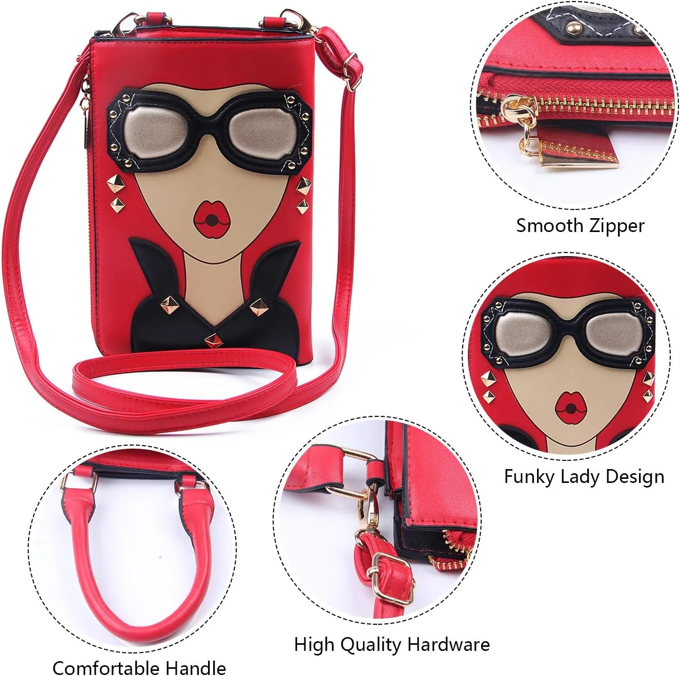 KUANG! Women Novelty Lady Face Shoulder Bags Funky PU Leather Top Handle Satchel Handbags Clutch Purse for Women