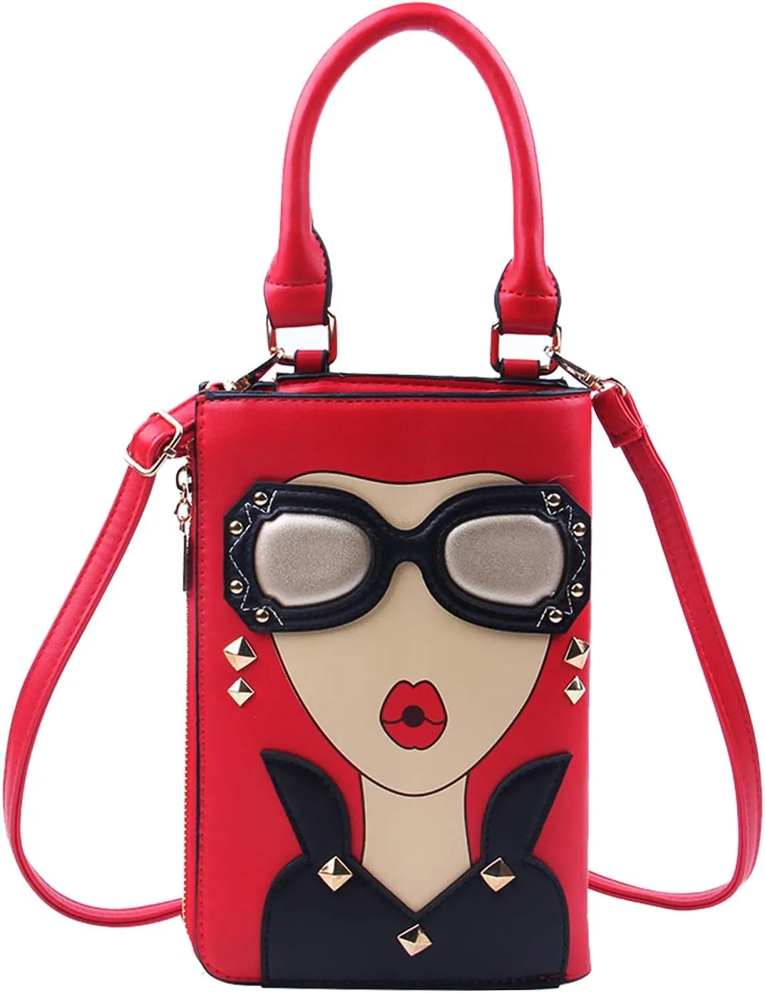 KUANG! Women Novelty Lady Face Shoulder Bags Funky PU Leather Top Handle Satchel Handbags Clutch Purse for Women
