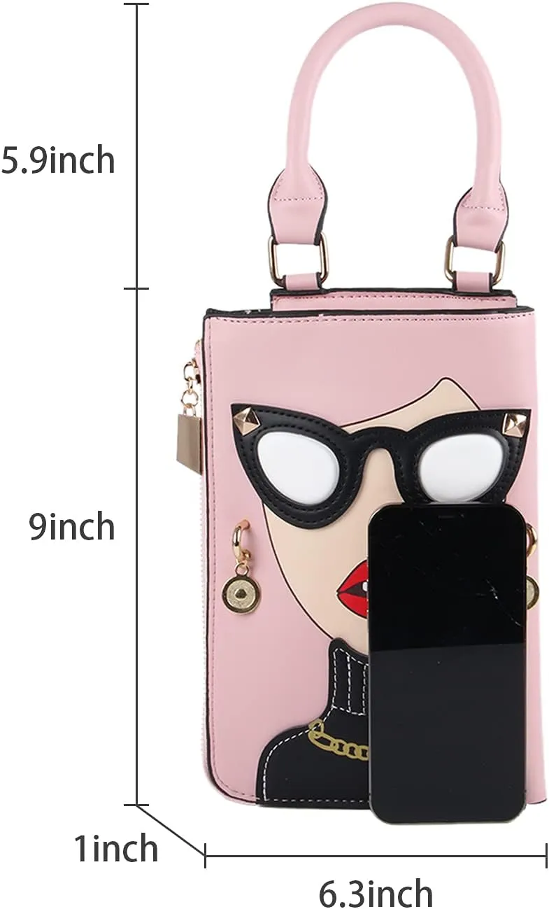 KUANG! Women Novelty Lady Face Shoulder Bags Funky PU Leather Top Handle Satchel Handbags Clutch Purse for Women