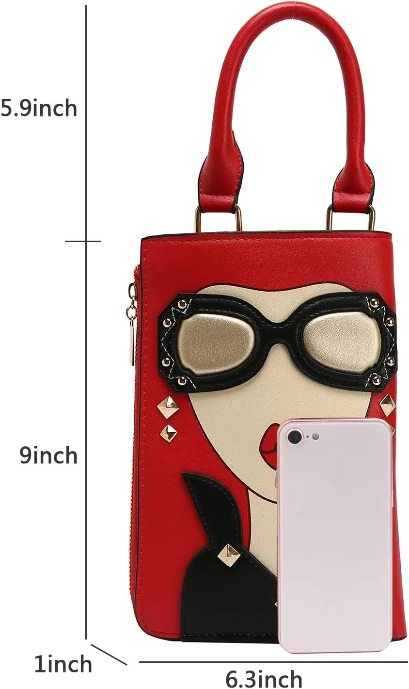 KUANG! Women Novelty Lady Face Shoulder Bags Funky PU Leather Top Handle Satchel Handbags Clutch Purse for Women