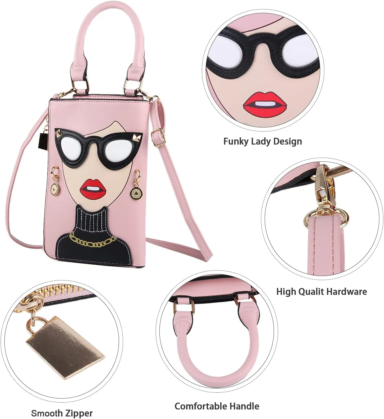 KUANG! Women Novelty Lady Face Shoulder Bags Funky PU Leather Top Handle Satchel Handbags Clutch Purse for Women
