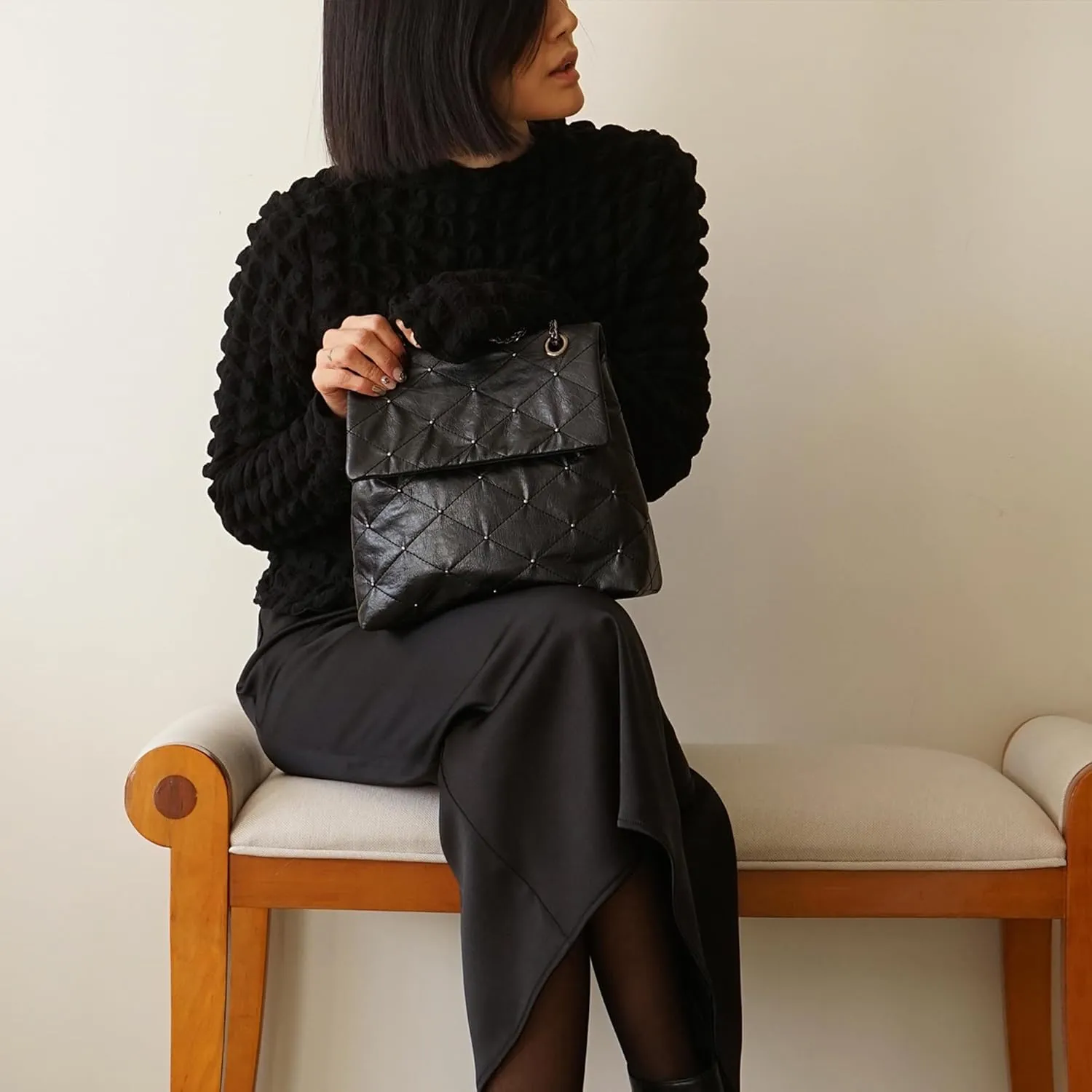 KWANI Lozenge Studded Tote Shoulder bags PU Leather Large Purses Handbag for Women, Magnetic Closure