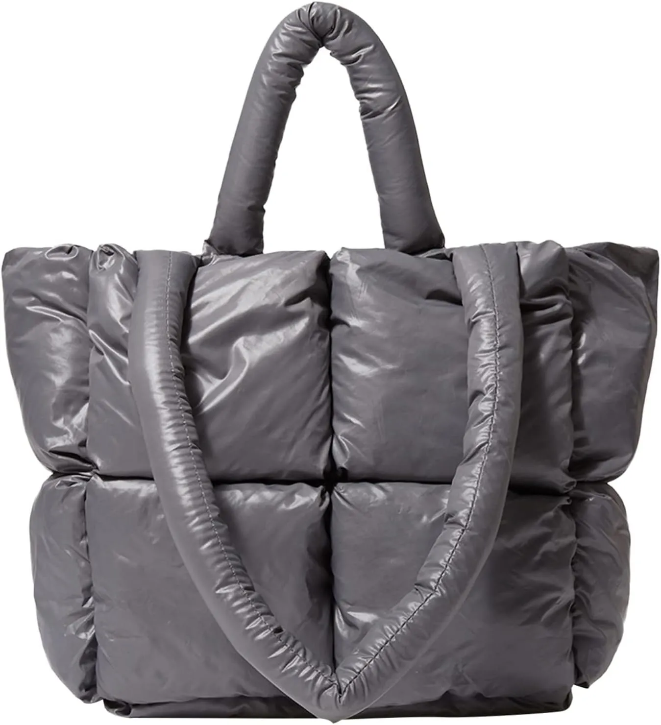Ladies Large Quilted Tote Bag Winter Soft Quilted Shoulder Bag Down Bags Ladies Handbag Leather (Grey, One Size)