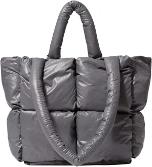 Ladies Large Quilted Tote Bag Winter Soft Quilted Shoulder Bag Down Bags Ladies Handbag Leather (Grey, One Size)