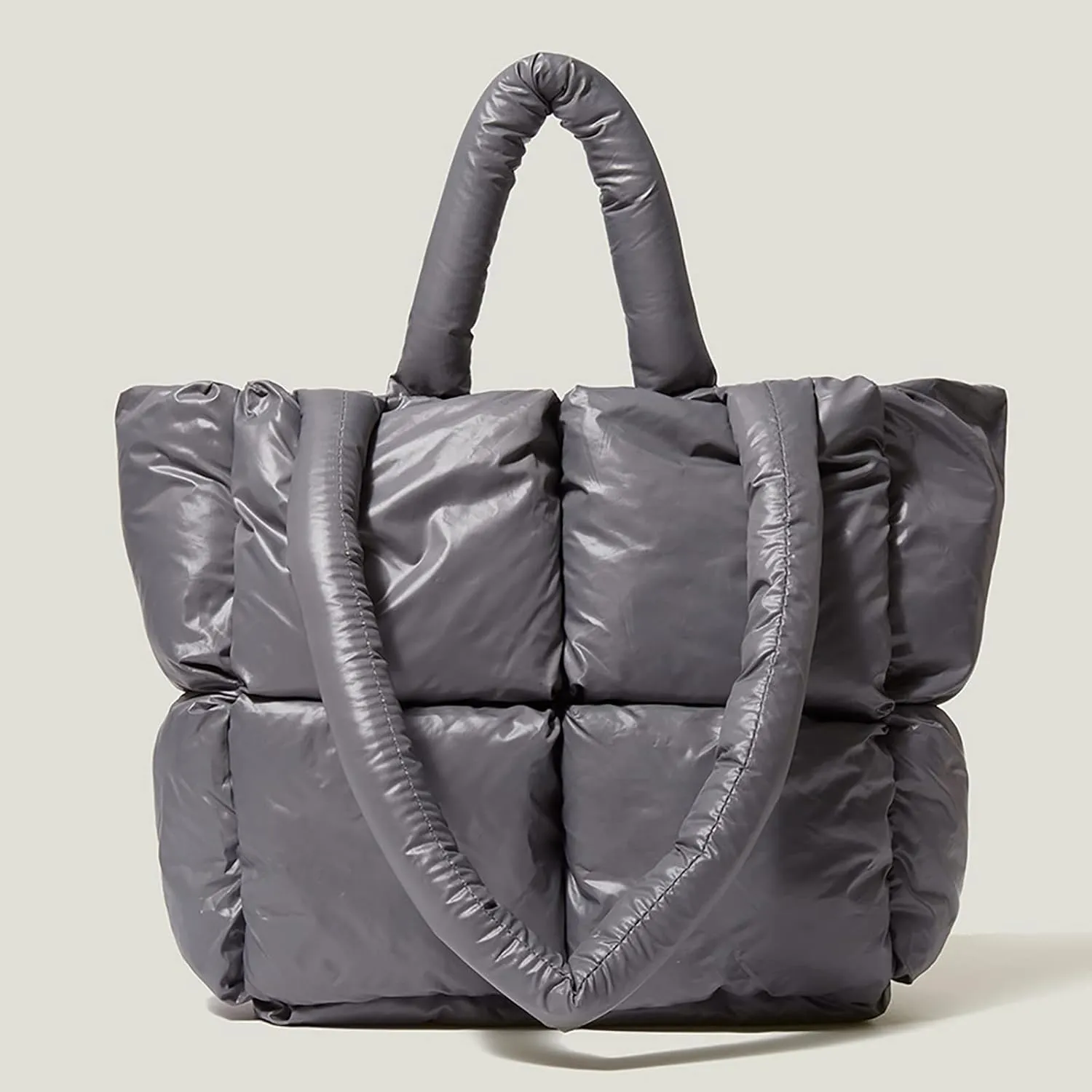 Ladies Large Quilted Tote Bag Winter Soft Quilted Shoulder Bag Down Bags Ladies Handbag Leather (Grey, One Size)