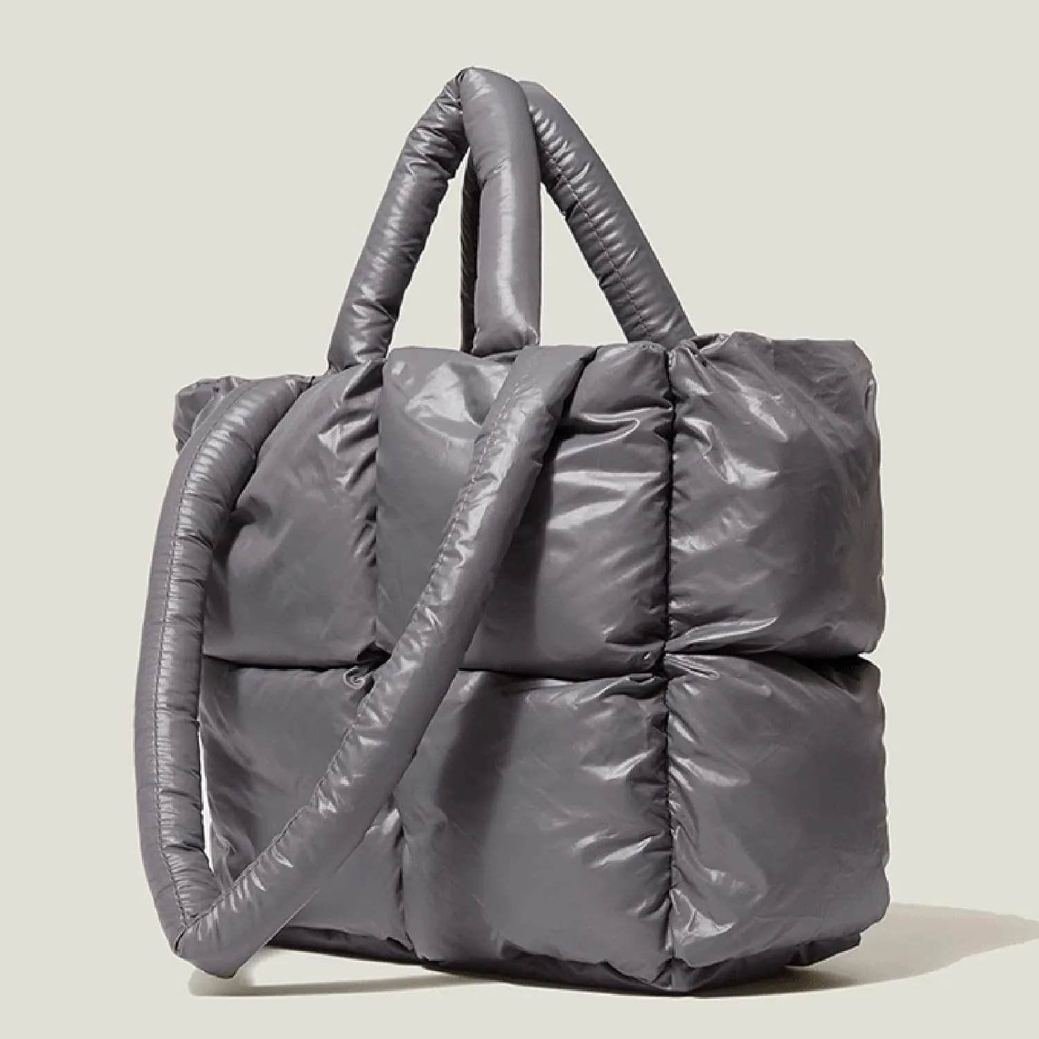 Ladies Large Quilted Tote Bag Winter Soft Quilted Shoulder Bag Down Bags Ladies Handbag Leather (Grey, One Size)