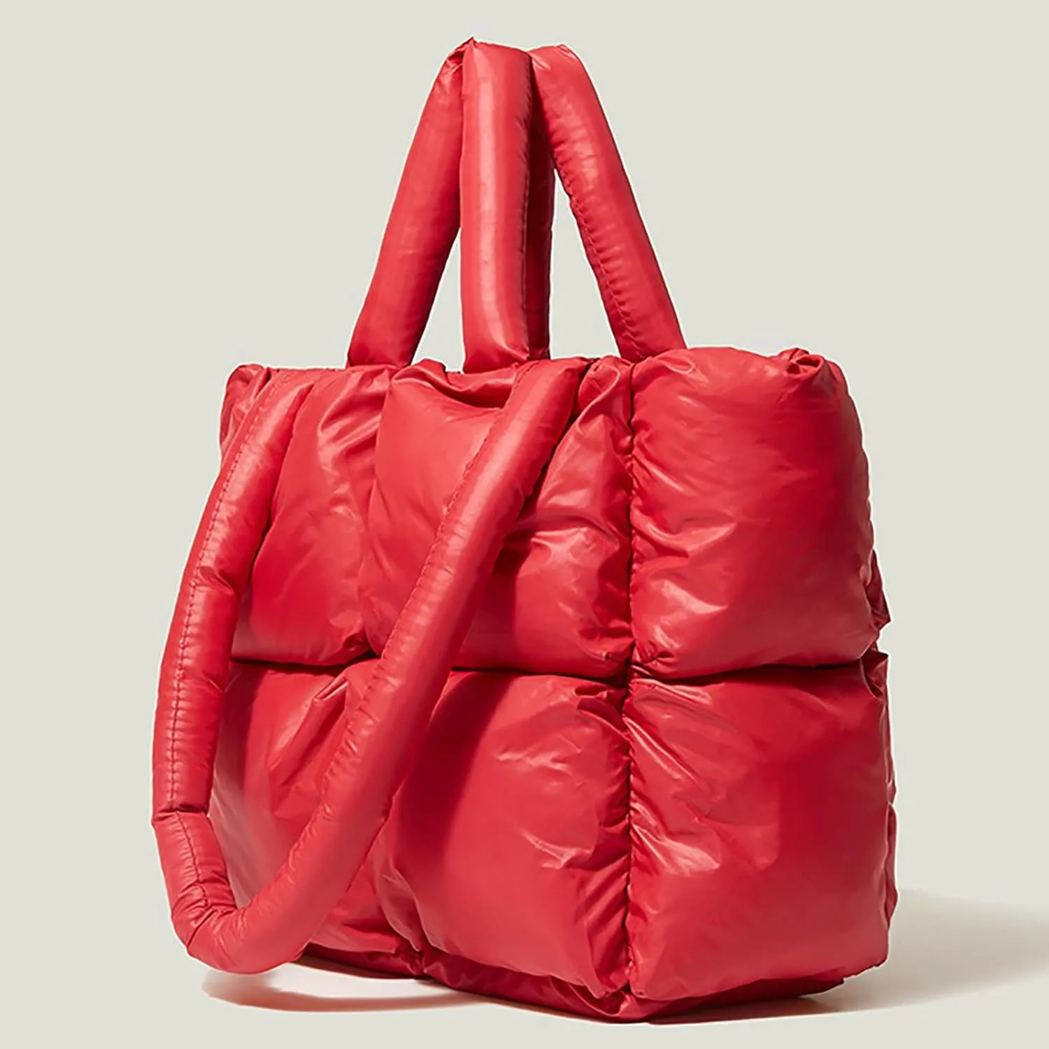 Ladies Large Quilted Tote Bag Winter Soft Quilted Shoulder Bag Down Bags Ladies Handbag Leather Shoulder (Red, One Size)