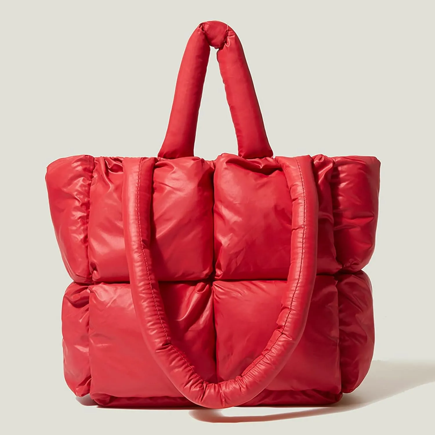 Ladies Large Quilted Tote Bag Winter Soft Quilted Shoulder Bag Down Bags Ladies Handbag Leather Shoulder (Red, One Size)
