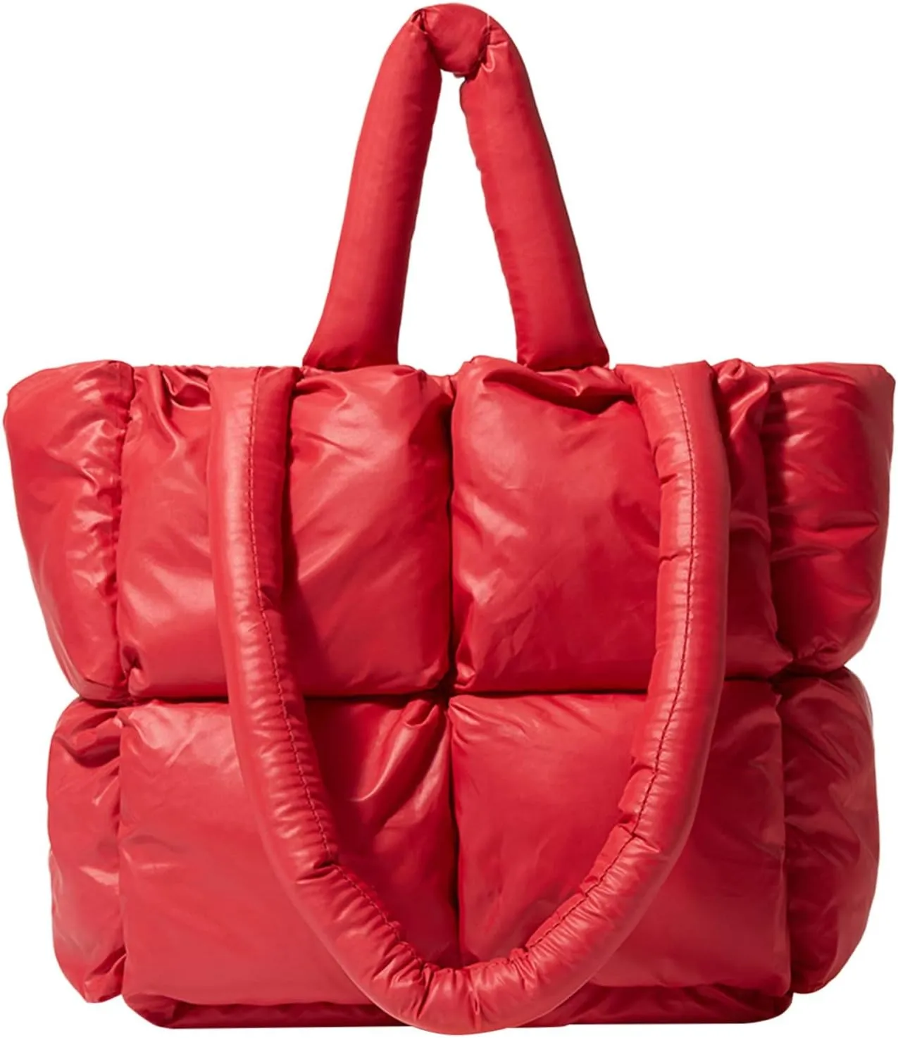Ladies Large Quilted Tote Bag Winter Soft Quilted Shoulder Bag Down Bags Ladies Handbag Leather Shoulder (Red, One Size)