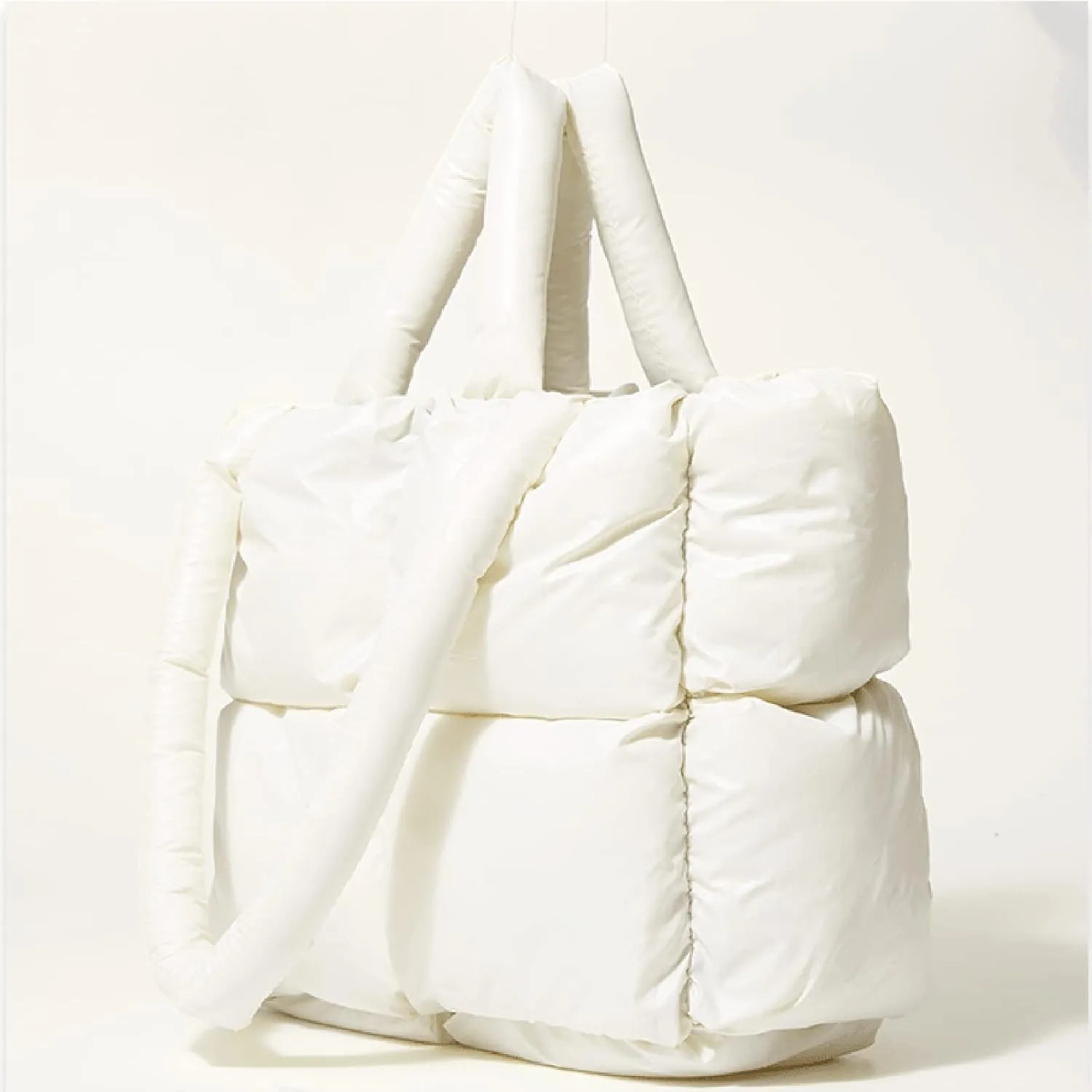 Ladies Large Quilted Tote Bag Winter Soft Quilted Shoulder Bag Down Bags Ladies Handbag Leather (White, One Size)