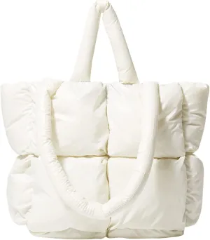 Ladies Large Quilted Tote Bag Winter Soft Quilted Shoulder Bag Down Bags Ladies Handbag Leather (White, One Size)