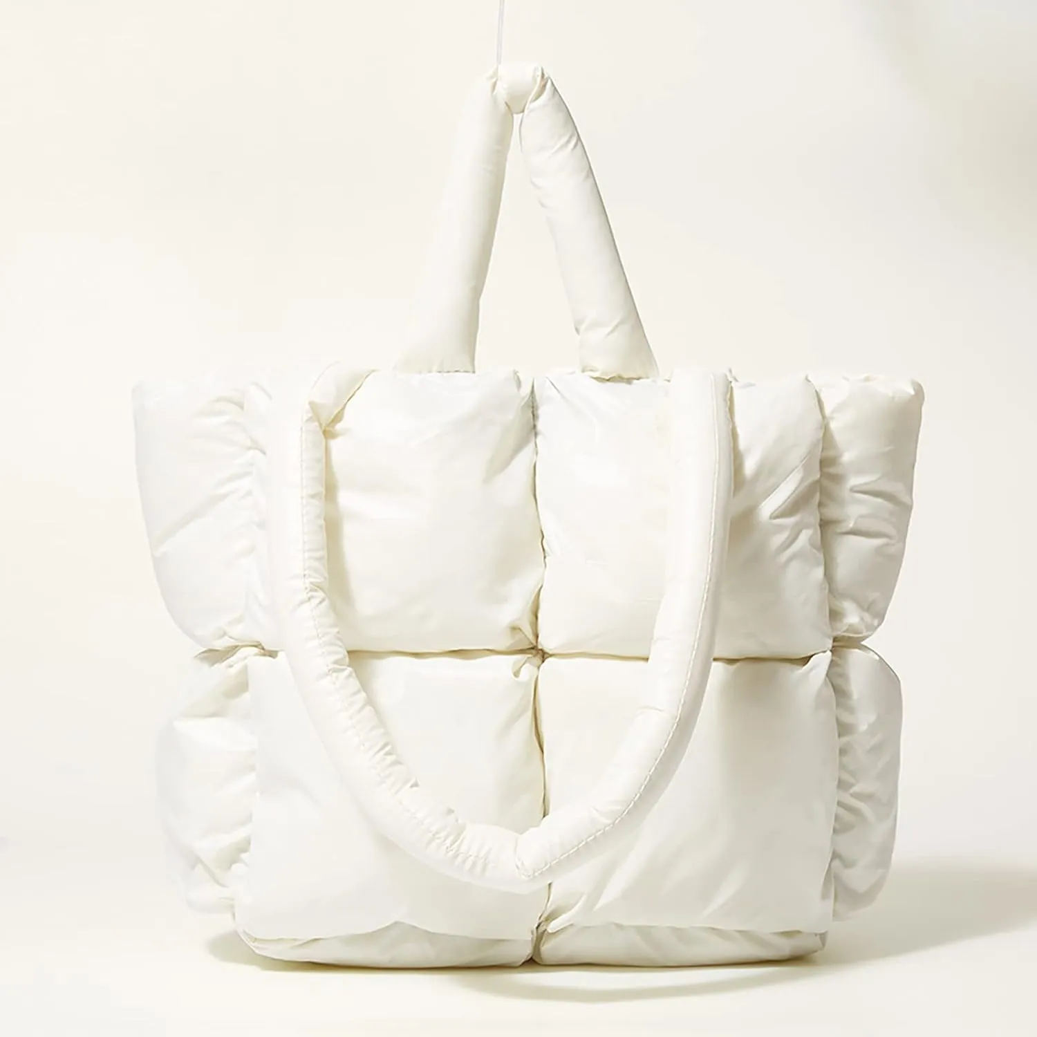 Ladies Large Quilted Tote Bag Winter Soft Quilted Shoulder Bag Down Bags Ladies Handbag Leather (White, One Size)