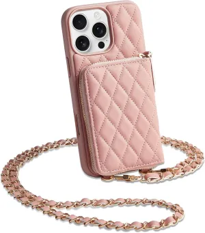 LAMEEKU Compatible with iPhone 16 Pro Case Wallet with Card Holder, RFID Blocking Wrist Strap Crossbody Phone Cover for Women for iPhone 16 Pro 6.3" Pink
