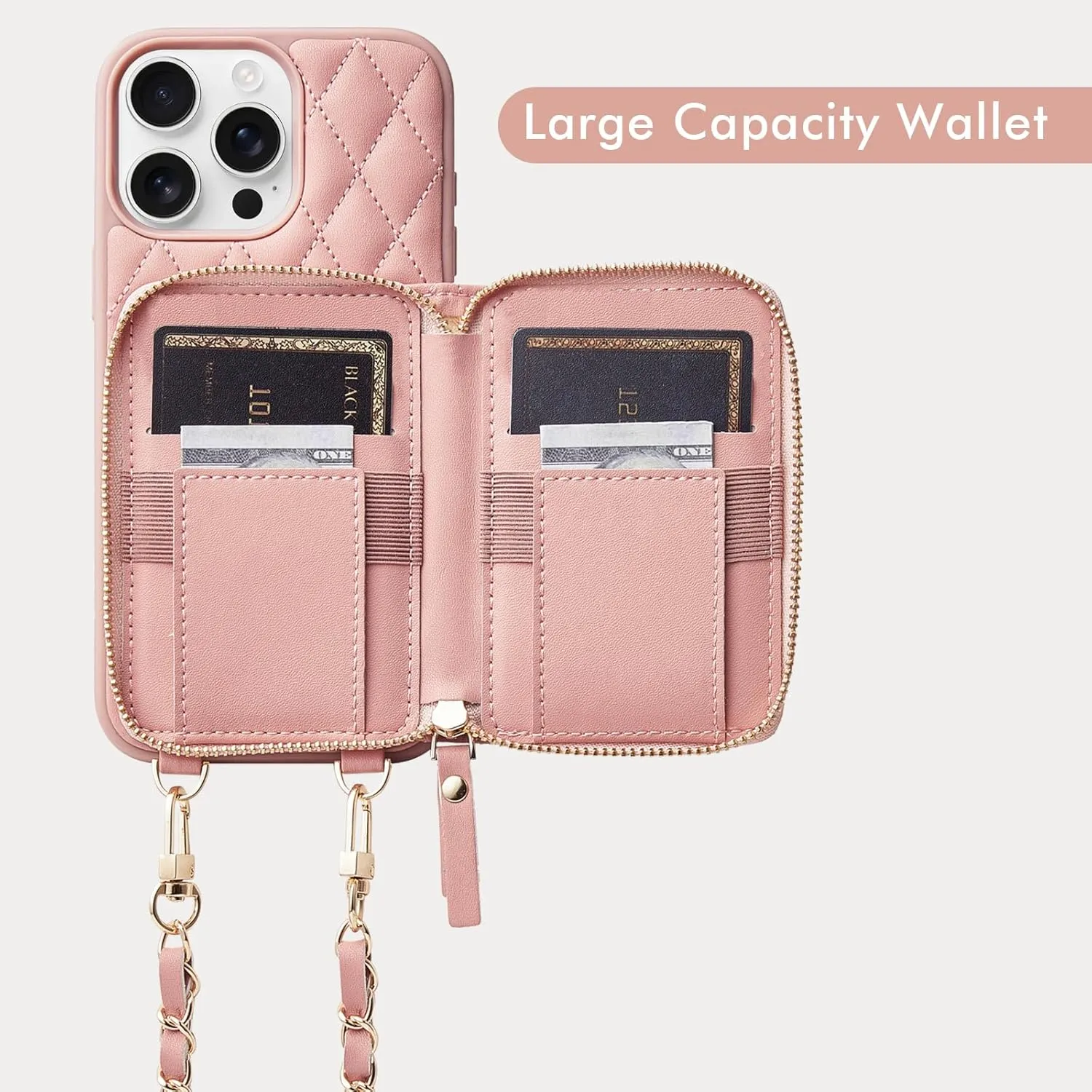 LAMEEKU Compatible with iPhone 16 Pro Case Wallet with Card Holder, RFID Blocking Wrist Strap Crossbody Phone Cover for Women for iPhone 16 Pro 6.3" Pink