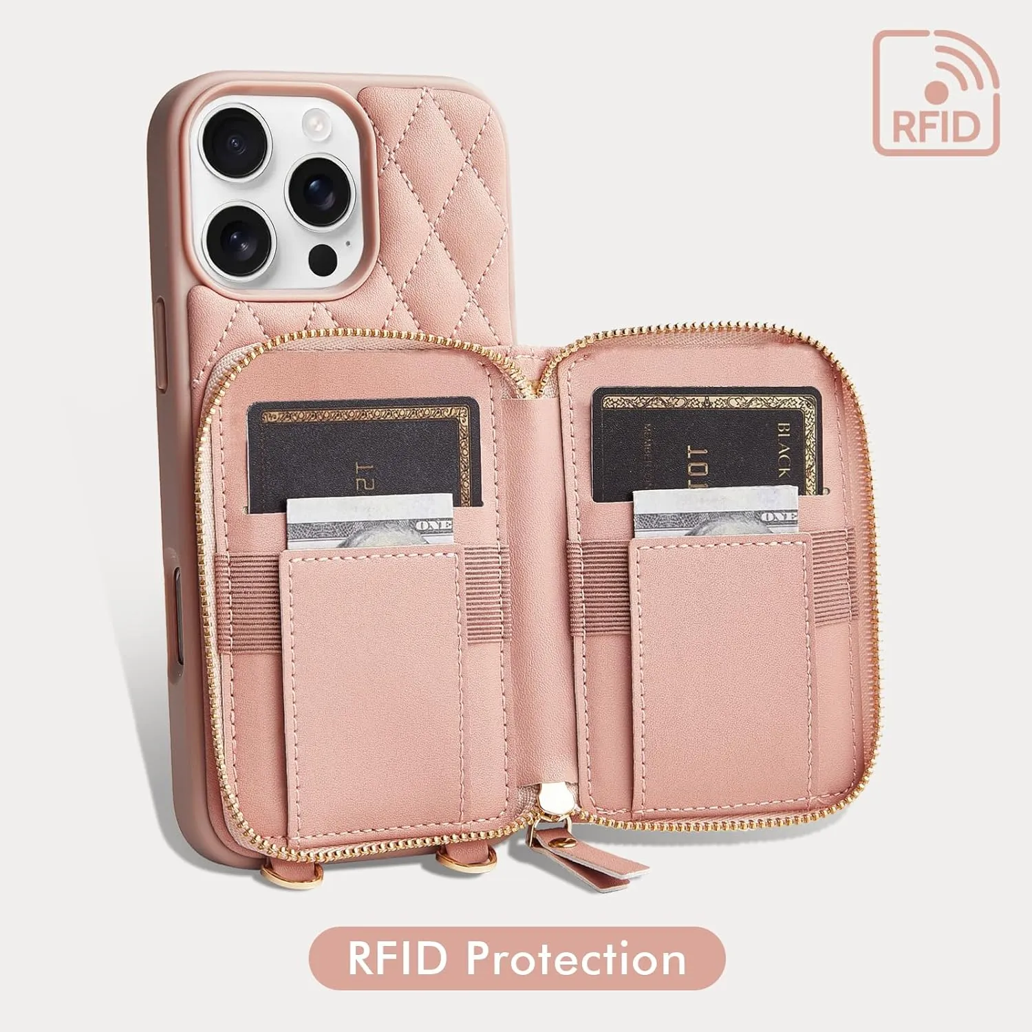 LAMEEKU Compatible with iPhone 16 Pro Case Wallet with Card Holder, RFID Blocking Wrist Strap Crossbody Phone Cover for Women for iPhone 16 Pro 6.3" Pink