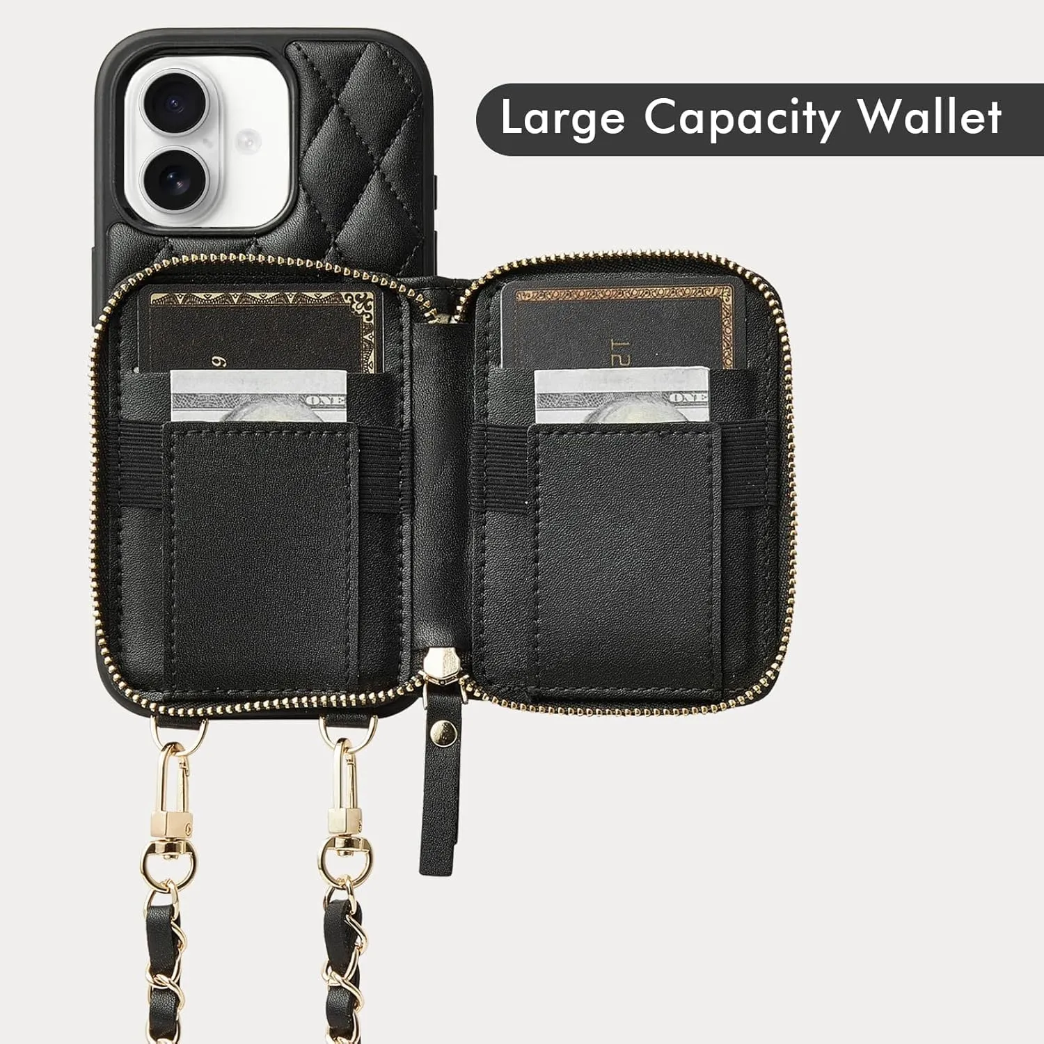 LAMEEKU Compatible with iPhone 16 Wallet Case with Card Holder, Quilted Leather Crossbody Zipper Case for Women for iPhone 16 6.1'' Black