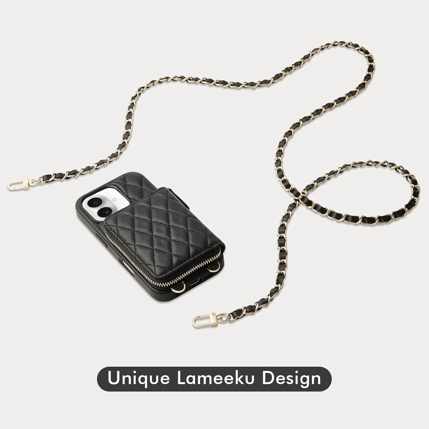 LAMEEKU Compatible with iPhone 16 Wallet Case with Card Holder, Quilted Leather Crossbody Zipper Case for Women for iPhone 16 6.1'' Black