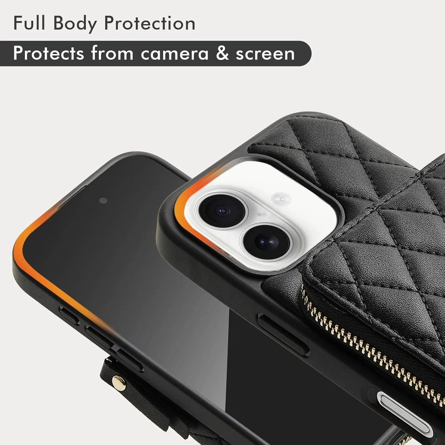 LAMEEKU Compatible with iPhone 16 Wallet Case with Card Holder, Quilted Leather Crossbody Zipper Case for Women for iPhone 16 6.1'' Black