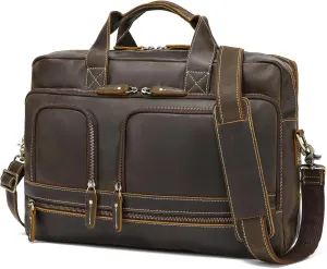 LANNSYNE Vintage Genuine Leather Briefcases for Men, 17" Leather Laptop Bag Messenger Cross Body Shoulder Computer Satchel, Business Briefcase