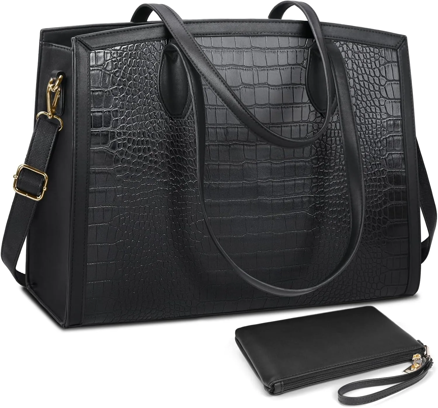 Laptop Bag for Women 15.6 Inch Laptop Tote Bags PU Leather Lightweight Womens Computer Bag Office Shoulder Bag Handbag Large Capacity Work Briefcase Bag 2PCs Black Crocodile Pattern