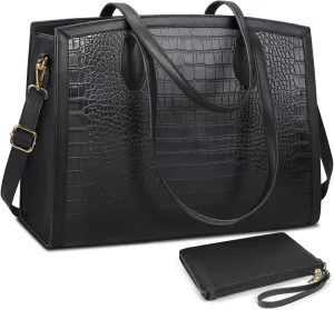 Laptop Bag for Women 15.6 Inch Laptop Tote Bags PU Leather Lightweight Womens Computer Bag Office Shoulder Bag Handbag Large Capacity Work Briefcase Bag 2PCs Black Crocodile Pattern