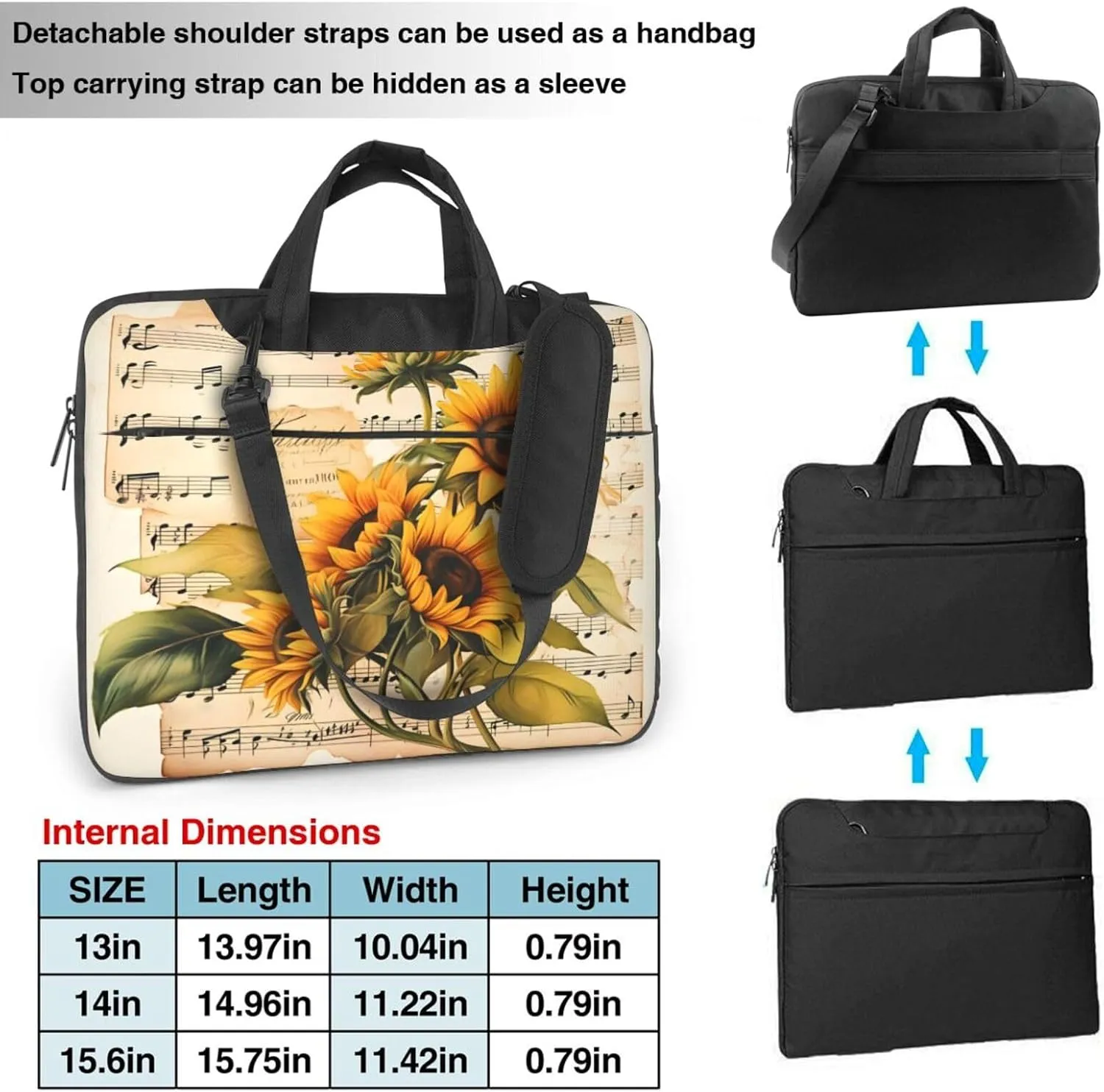 Laptop Bag Vintage Music Stave Sunflowers Laptop Tote Bag Women Men Laptop Sleeve Case Lightweight Computer Bag