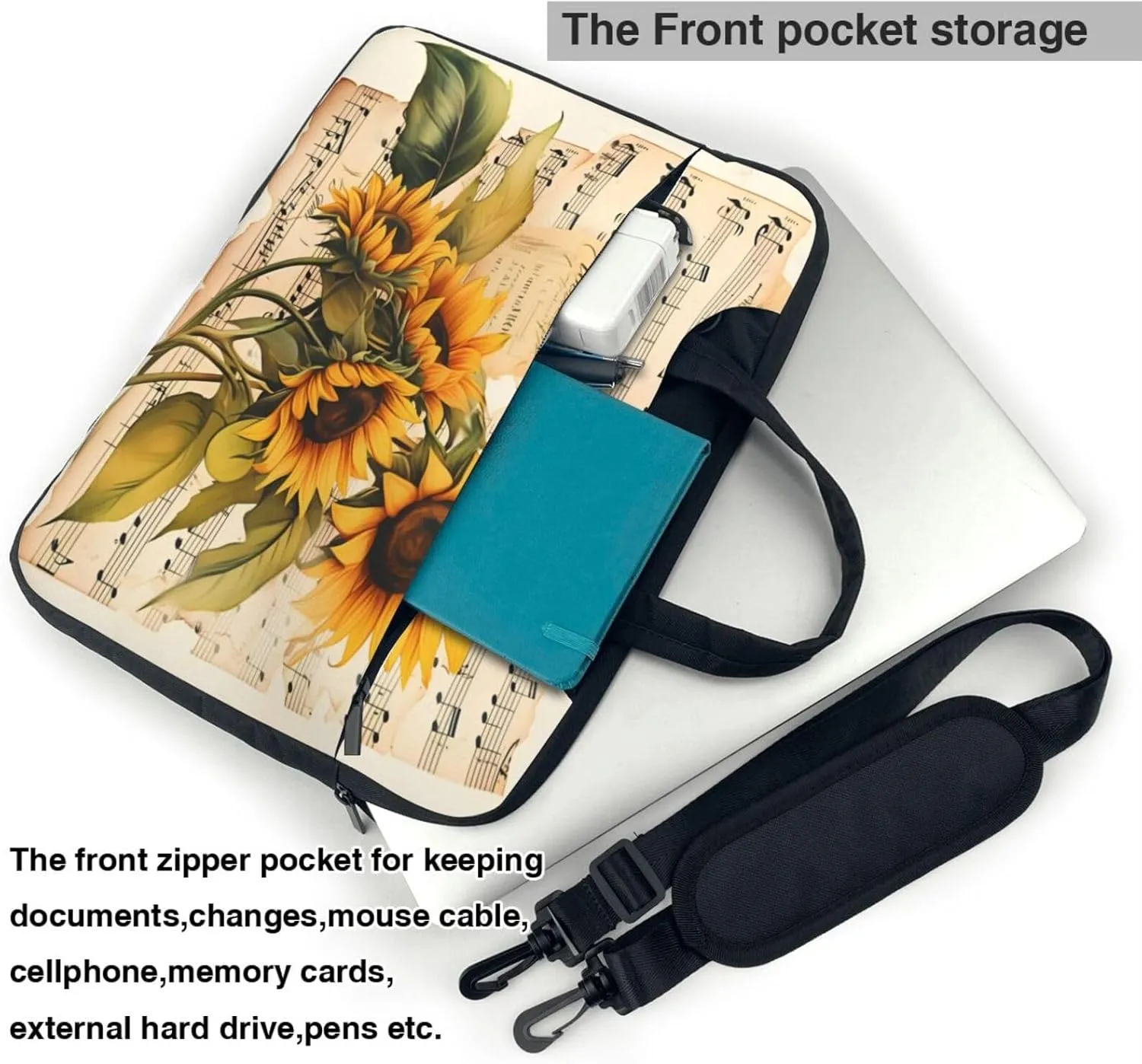 Laptop Bag Vintage Music Stave Sunflowers Laptop Tote Bag Women Men Laptop Sleeve Case Lightweight Computer Bag