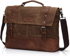 Laptop Messenger Bag 15.6" for Men Waxed Canvas Vintage Leather Business Briefcase Shoulder Bags Waterproof