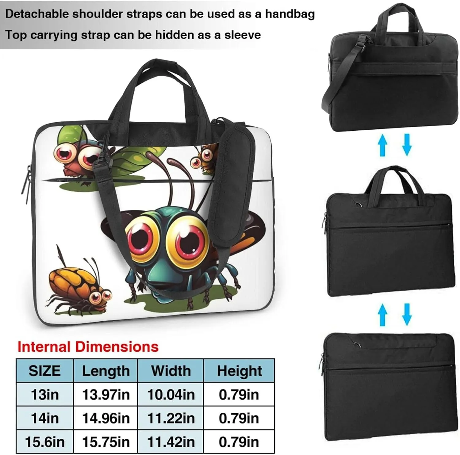 Laptop Sleeve Bag Shockproof Notebook Case Cartoon Insect Computer Carrying Case with Shoulder Strap 13 inch