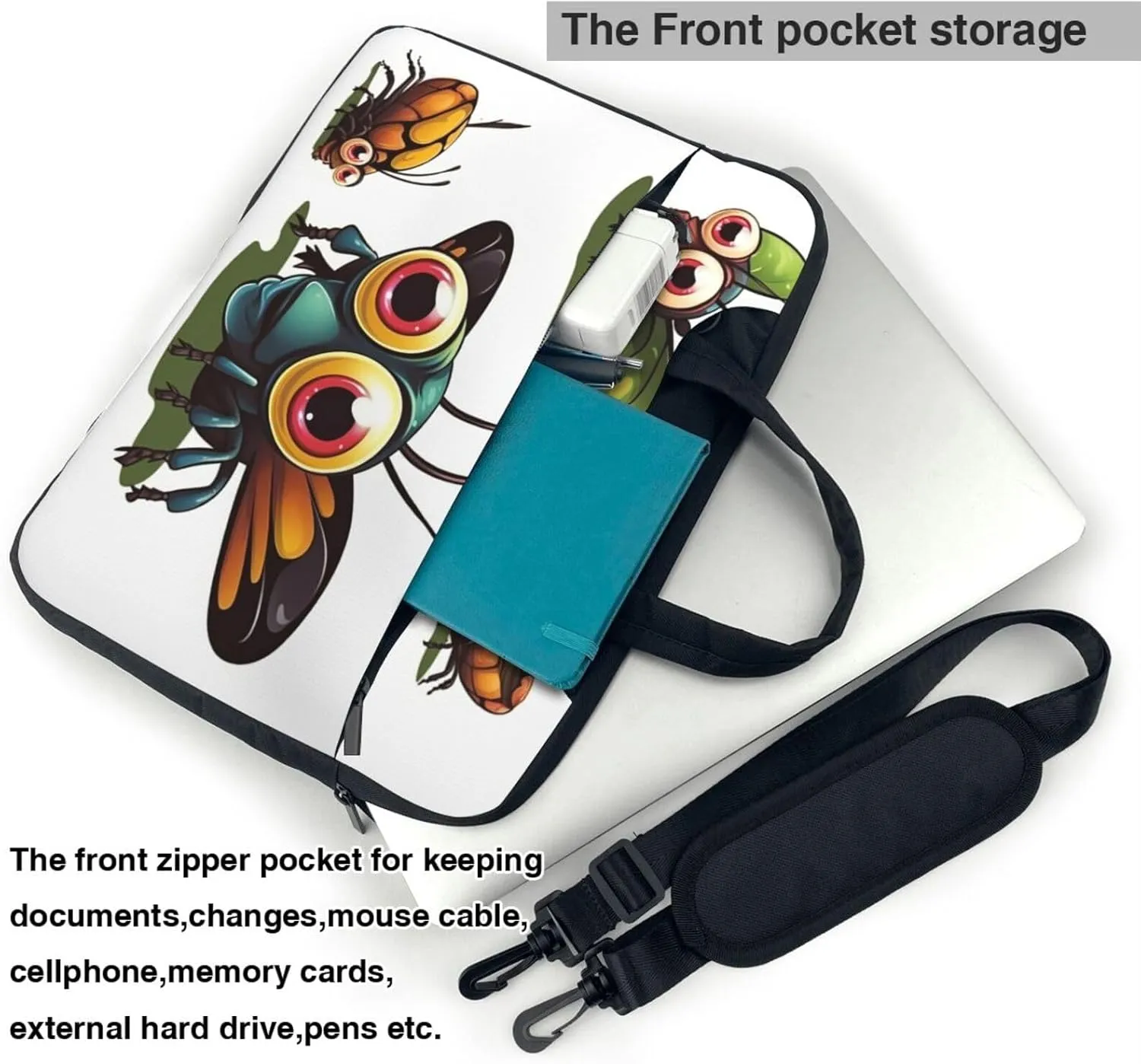 Laptop Sleeve Bag Shockproof Notebook Case Cartoon Insect Computer Carrying Case with Shoulder Strap 13 inch