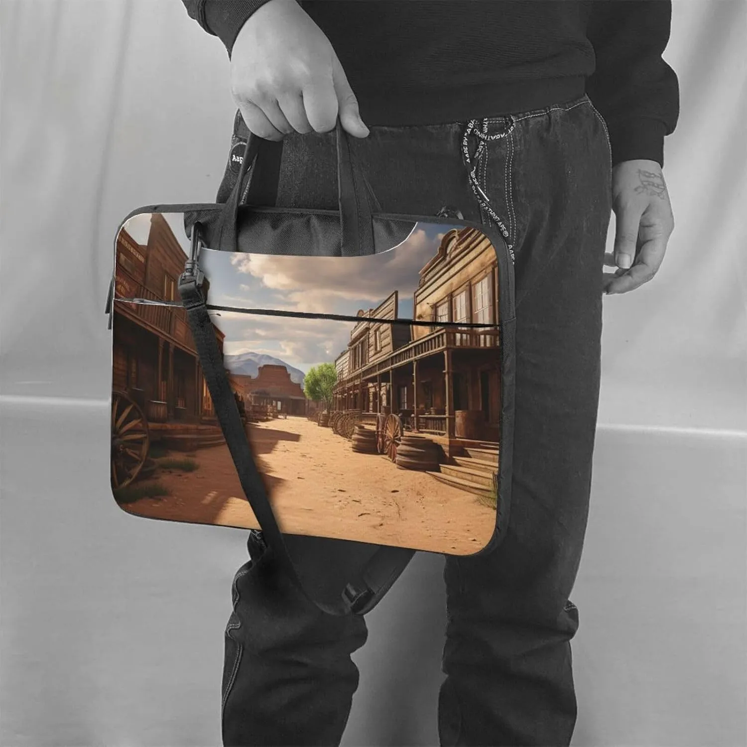 Laptop Sleeve Bag Shockproof Notebook Case Old Wild West Cowboy Town Computer Carrying Case with Shoulder Strap