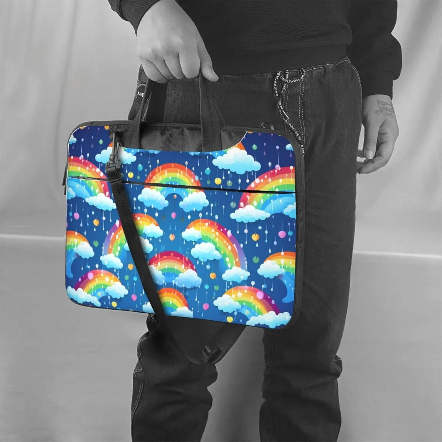 Laptop Sleeve Bag Shockproof Notebook Case Rainbow Clouds Raindrop Computer Carrying Case with Shoulder Strap 13 inch