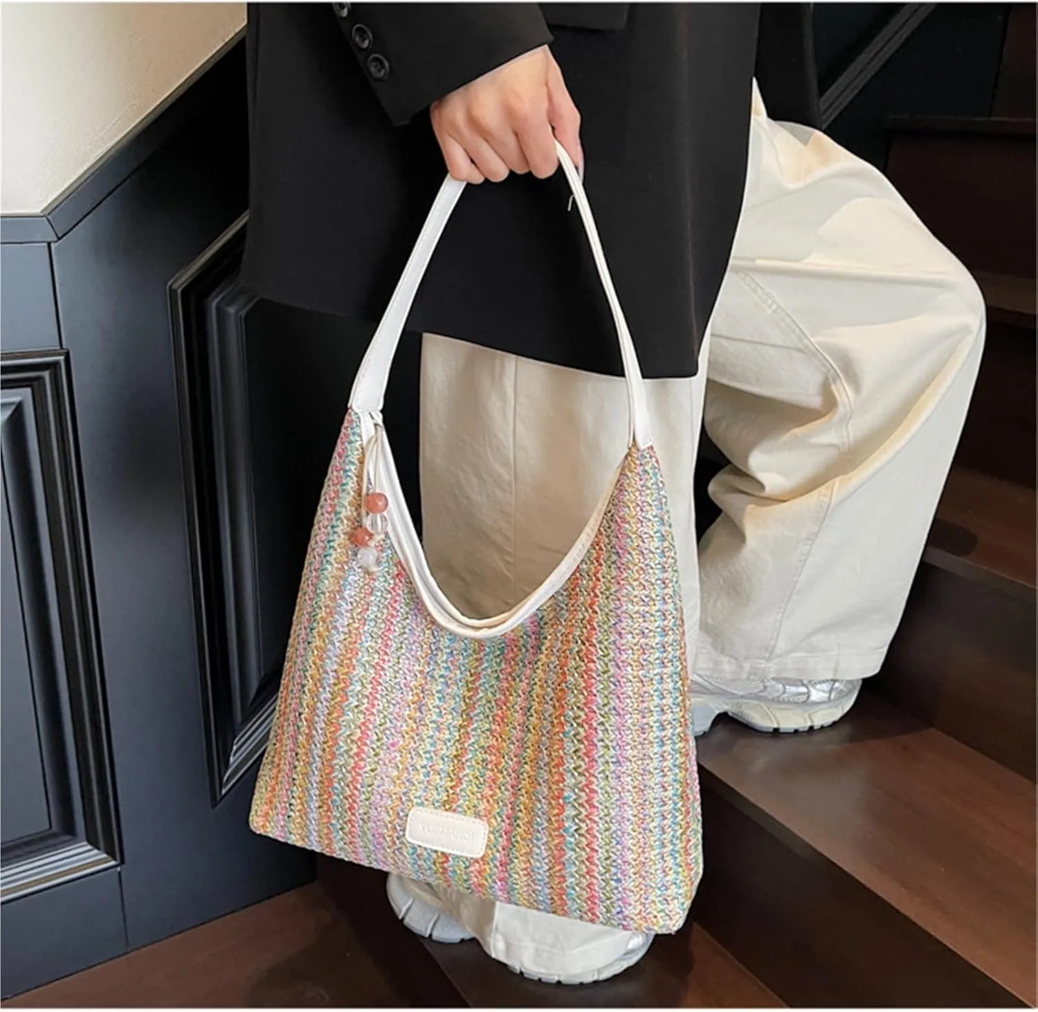 Large Beach Bags for Women Travel Straw Purses for Women Tote Straw Tote Vacation Handbags Shoulder Bag Hobo Bags(White)
