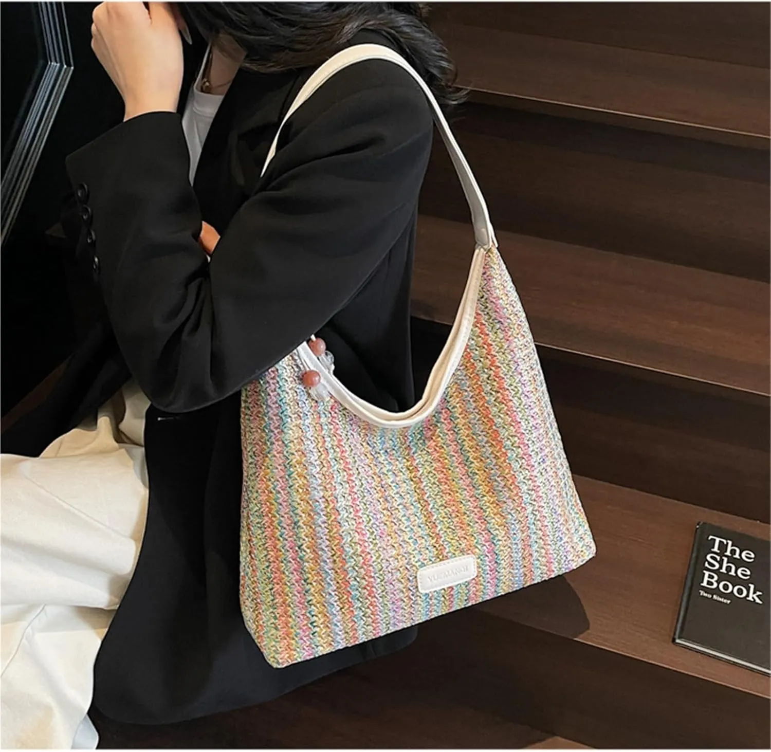 Large Beach Bags for Women Travel Straw Purses for Women Tote Straw Tote Vacation Handbags Shoulder Bag Hobo Bags(White)