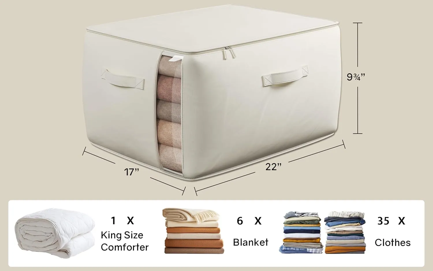 Large Canvas Clothes Storage Bags with Thick Handles and Clear Window, Foldable Cotton Linen Underbed Closet Organizer for Clothing, Blankets and Bedding, 60L, 6 Pack, Beige