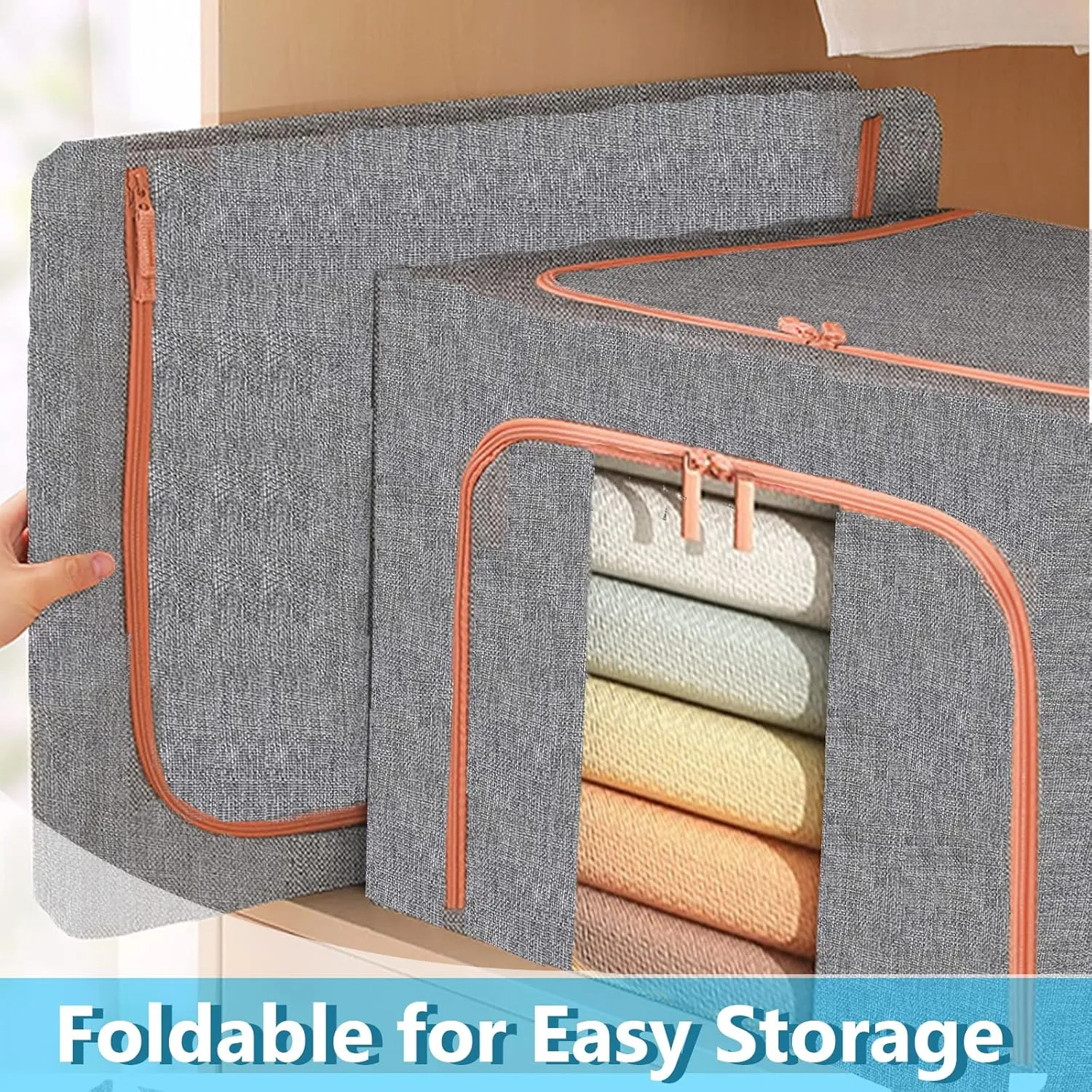 Large Capacity Clothes Storage Bags,Stackable Storage Organizer with Foldable Metal Frame, 2-Way Zipper, Handles, Clear Window for Clothes, Bedding, Seasonal Storage (3Pack, 66L)