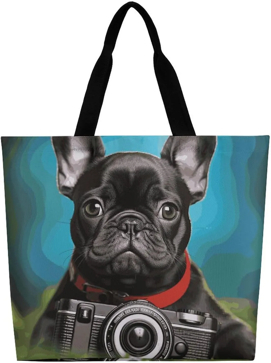 Large Capacity Shopping Bag French Bulldog Puppy with Camera Canvas Grocery Bags Foldable Tote Bag