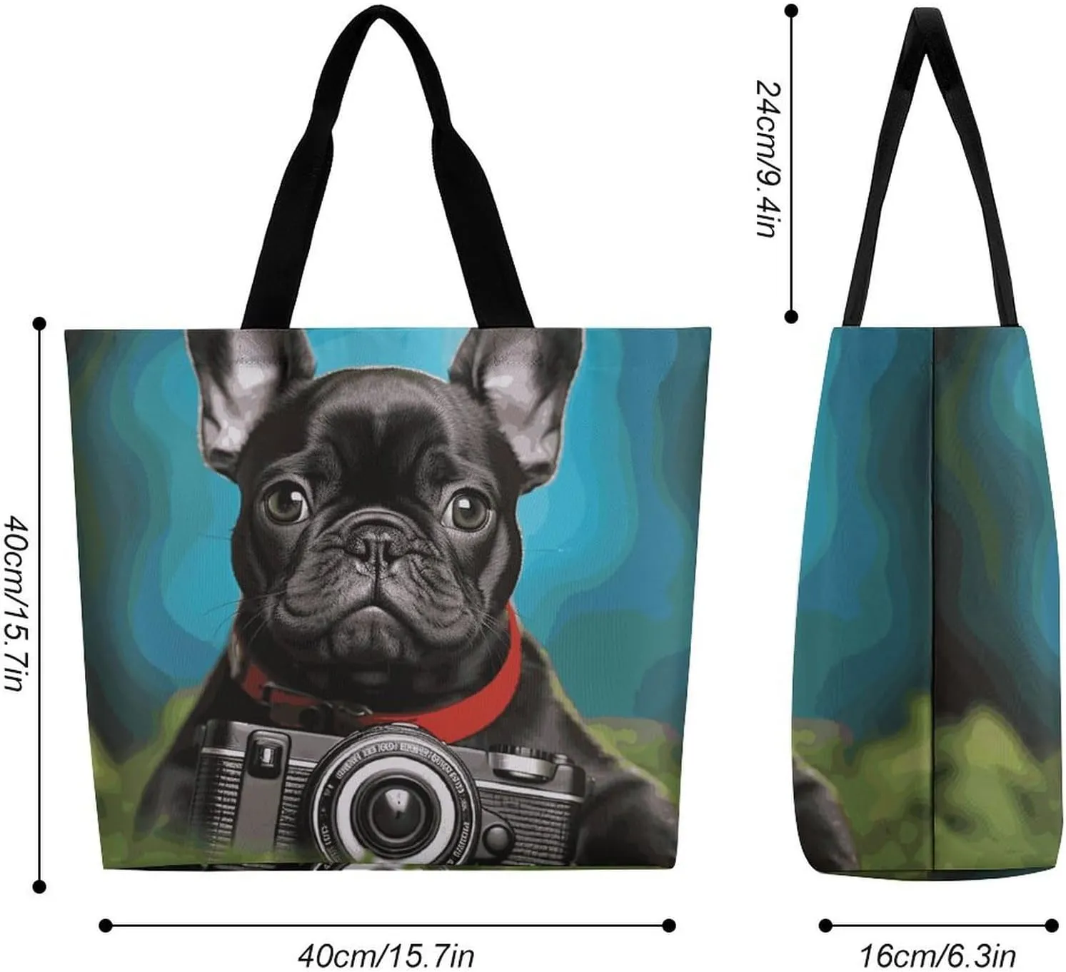 Large Capacity Shopping Bag French Bulldog Puppy with Camera Canvas Grocery Bags Foldable Tote Bag