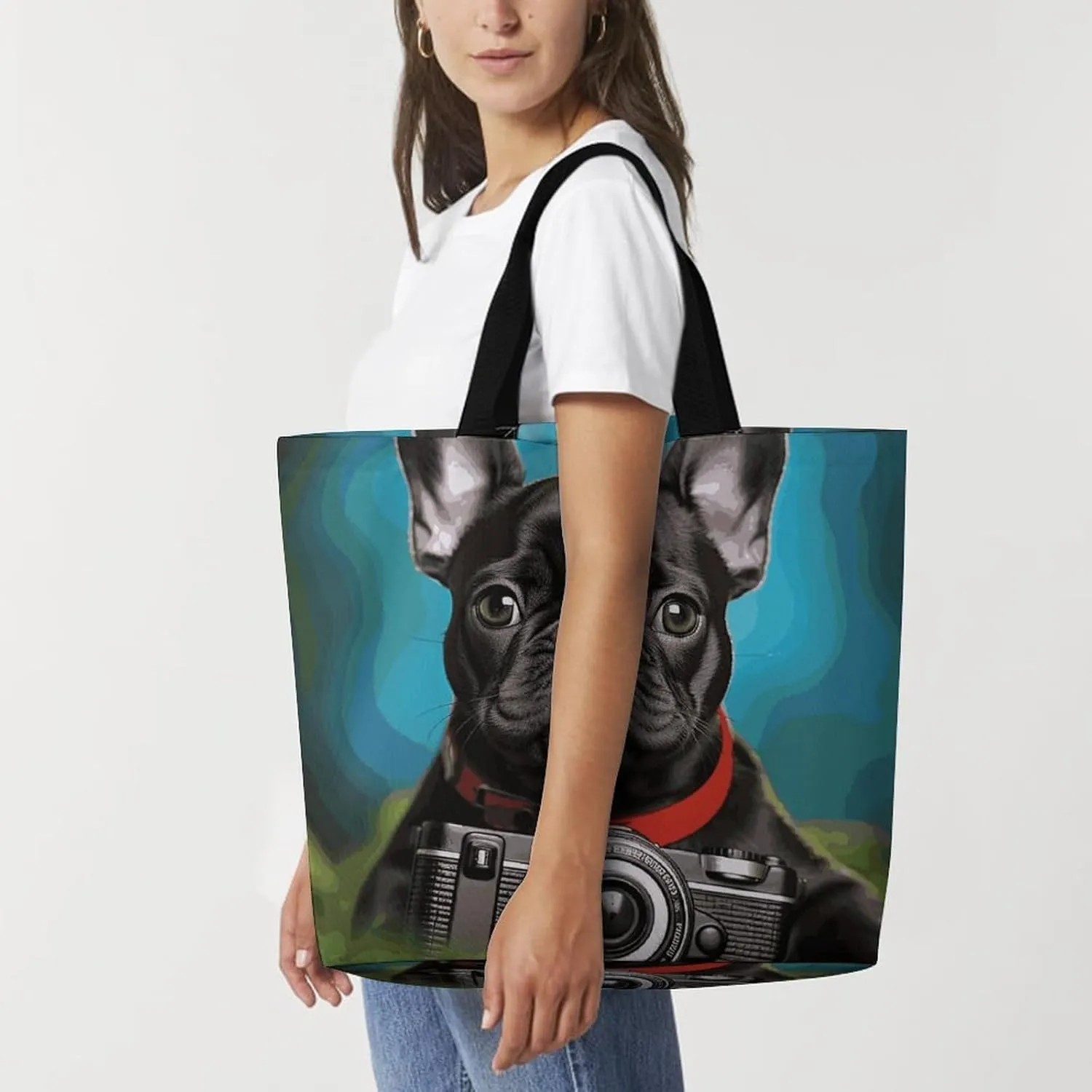 Large Capacity Shopping Bag French Bulldog Puppy with Camera Canvas Grocery Bags Foldable Tote Bag