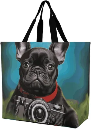 Large Capacity Shopping Bag French Bulldog Puppy with Camera Canvas Grocery Bags Foldable Tote Bag