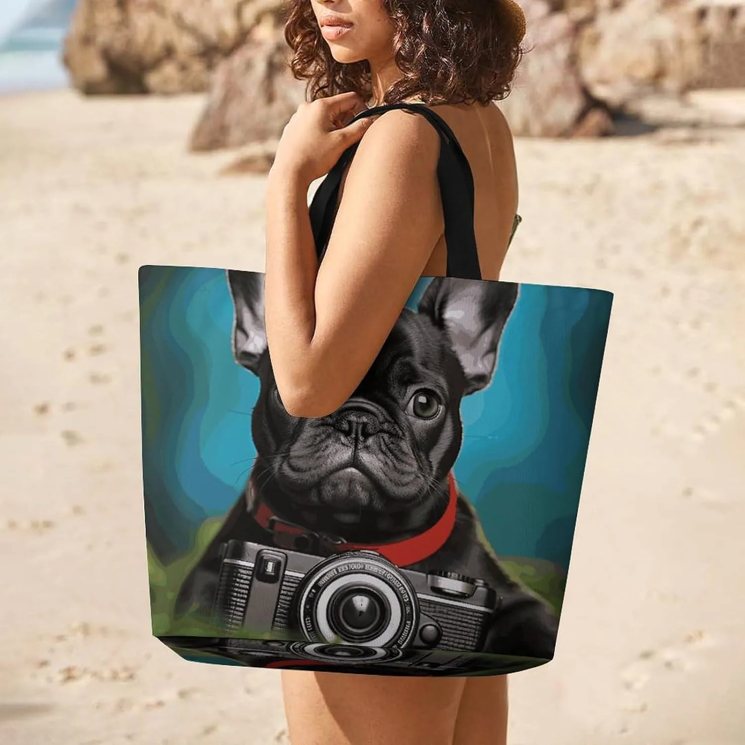 Large Capacity Shopping Bag French Bulldog Puppy with Camera Canvas Grocery Bags Foldable Tote Bag