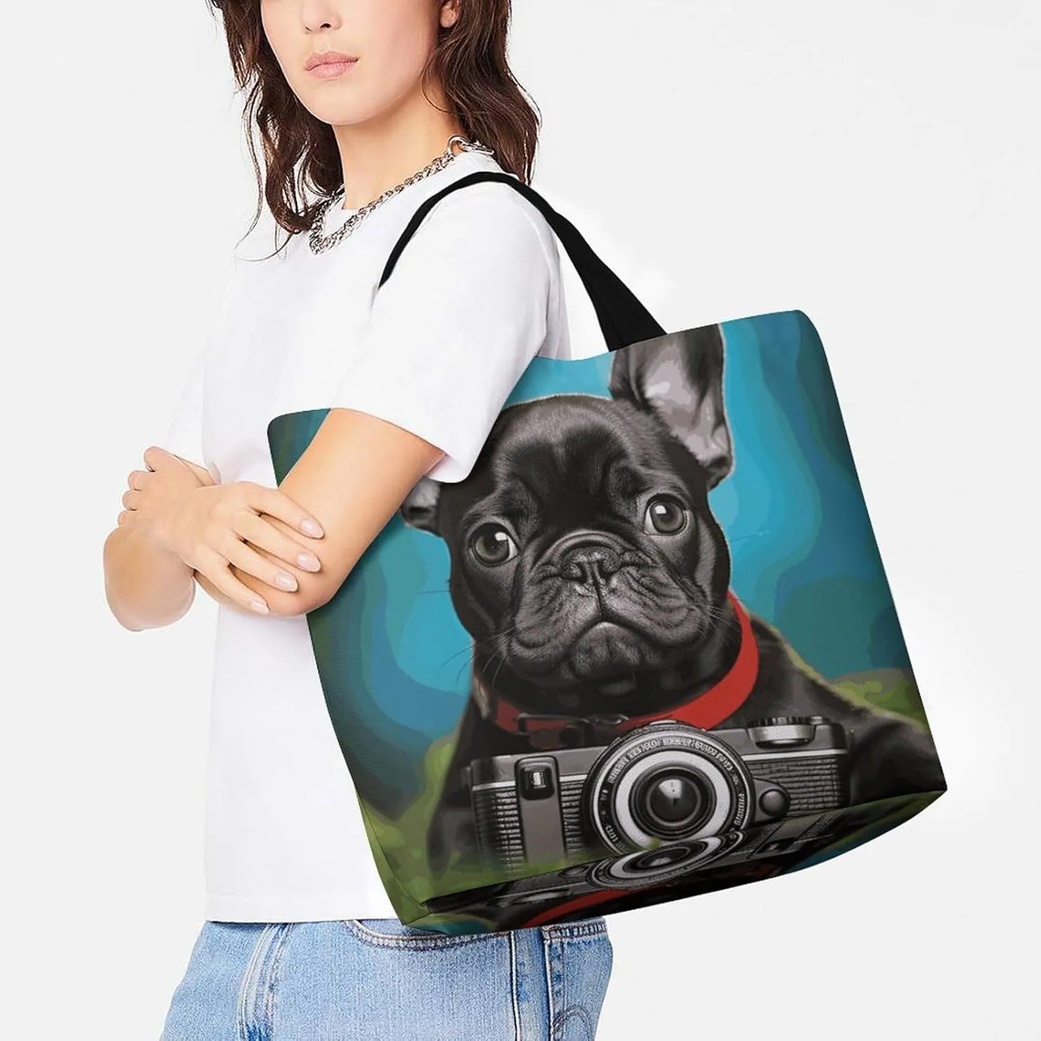 Large Capacity Shopping Bag French Bulldog Puppy with Camera Canvas Grocery Bags Foldable Tote Bag