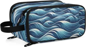 Large Capacity Travel Cosmetic Bag for Women Ocean Wave Travel Portable Cosmetic Pouch With Handle and Divider Flat Lay Bag Organizer Toiletry Bag Makeup Box for Skincare Cosmetics
