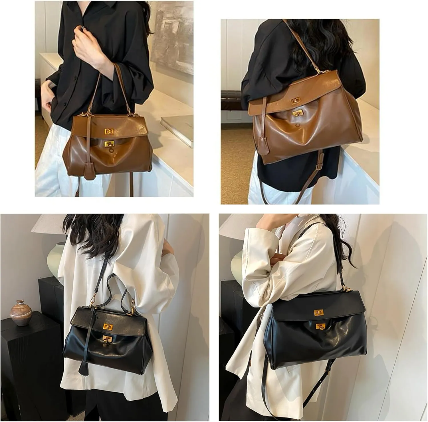 Large Capacity Underarm Bag for Women, Leather-Look Top Handle Purse with Double Latch, 4 Colors