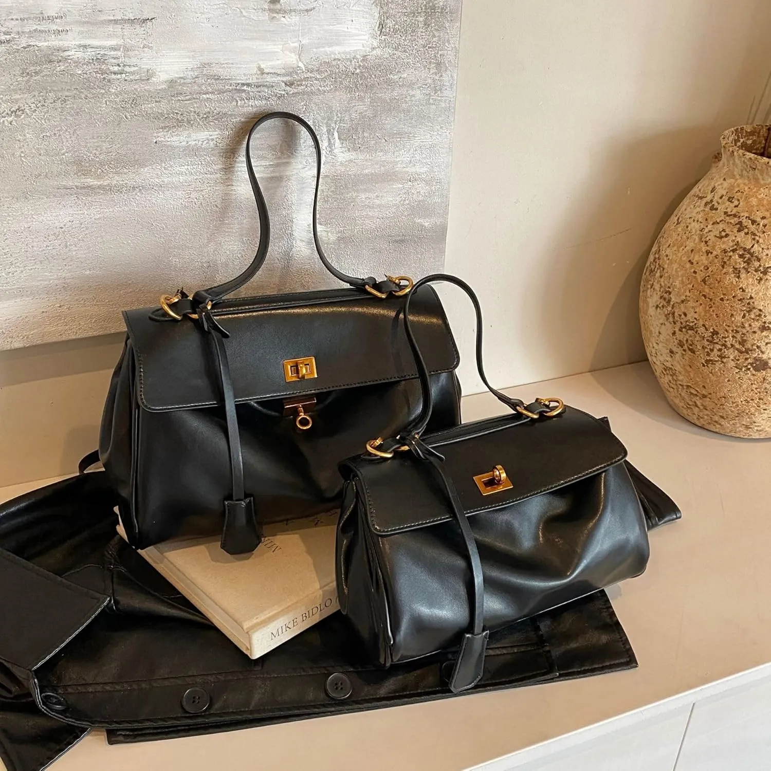 Large Capacity Underarm Bag for Women, Leather-Look Top Handle Purse with Double Latch, 4 Colors