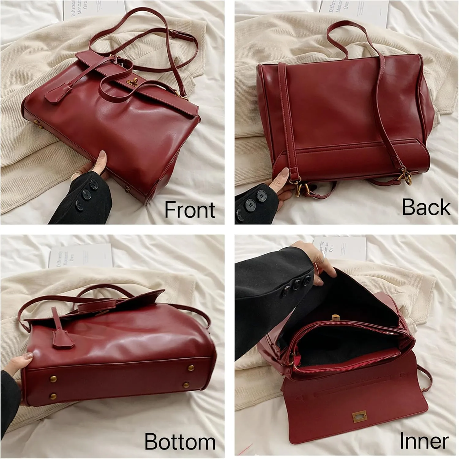 Large Capacity Underarm Bag for Women, Leather-Look Top Handle Purse with Double Latch, 4 Colors