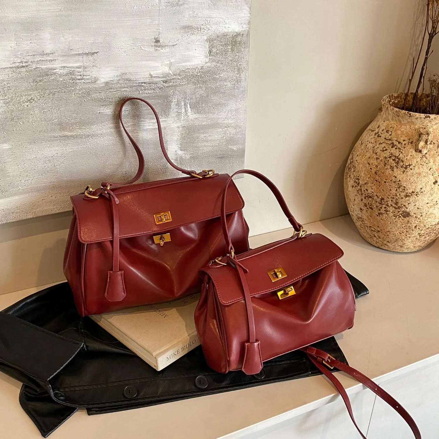 Large Capacity Underarm Bag for Women, Leather-Look Top Handle Purse with Double Latch, 4 Colors
