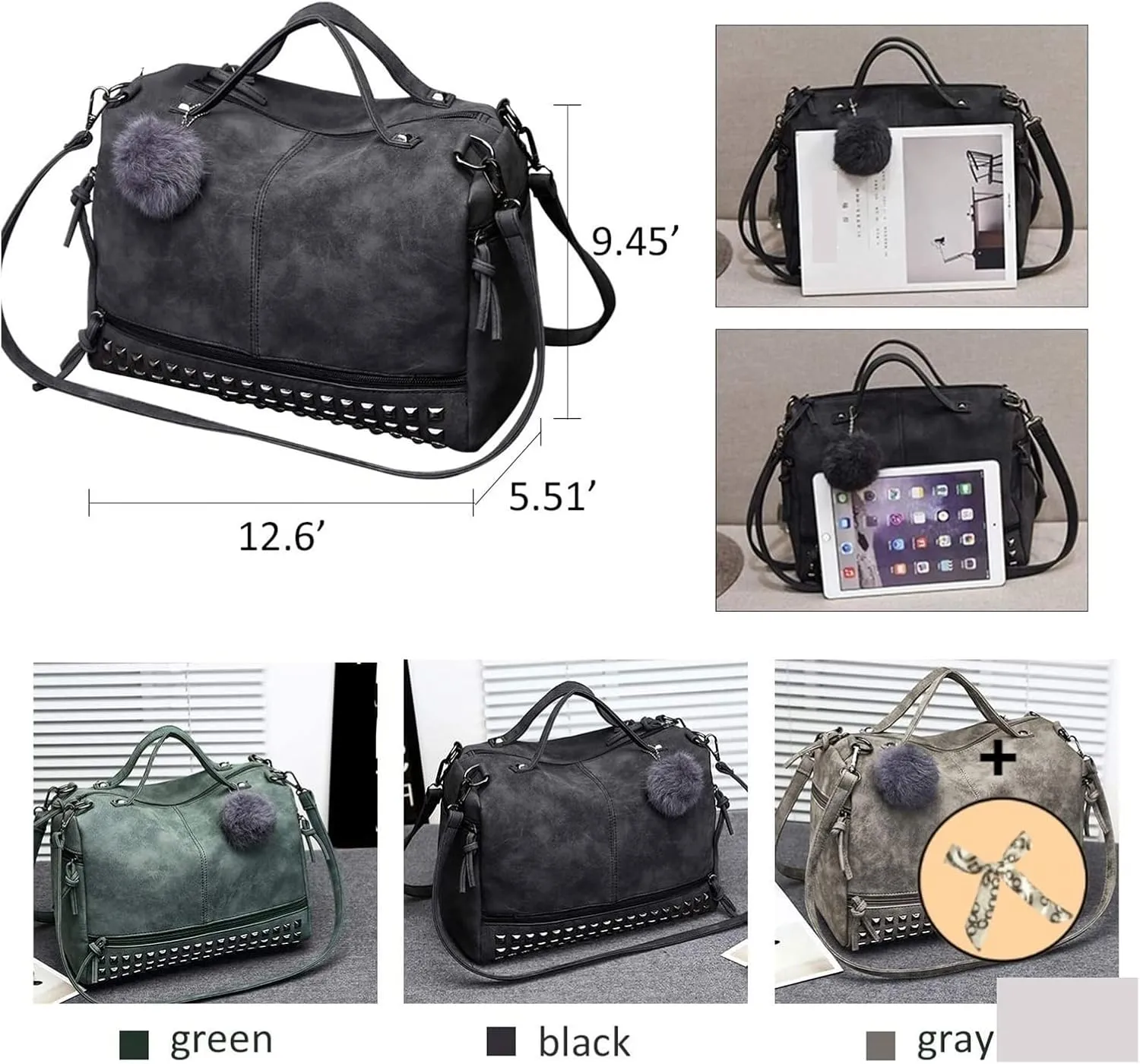 Large Shoulder Bags For Womens Studded Handbags Casual Shoulder Bags(Black)
