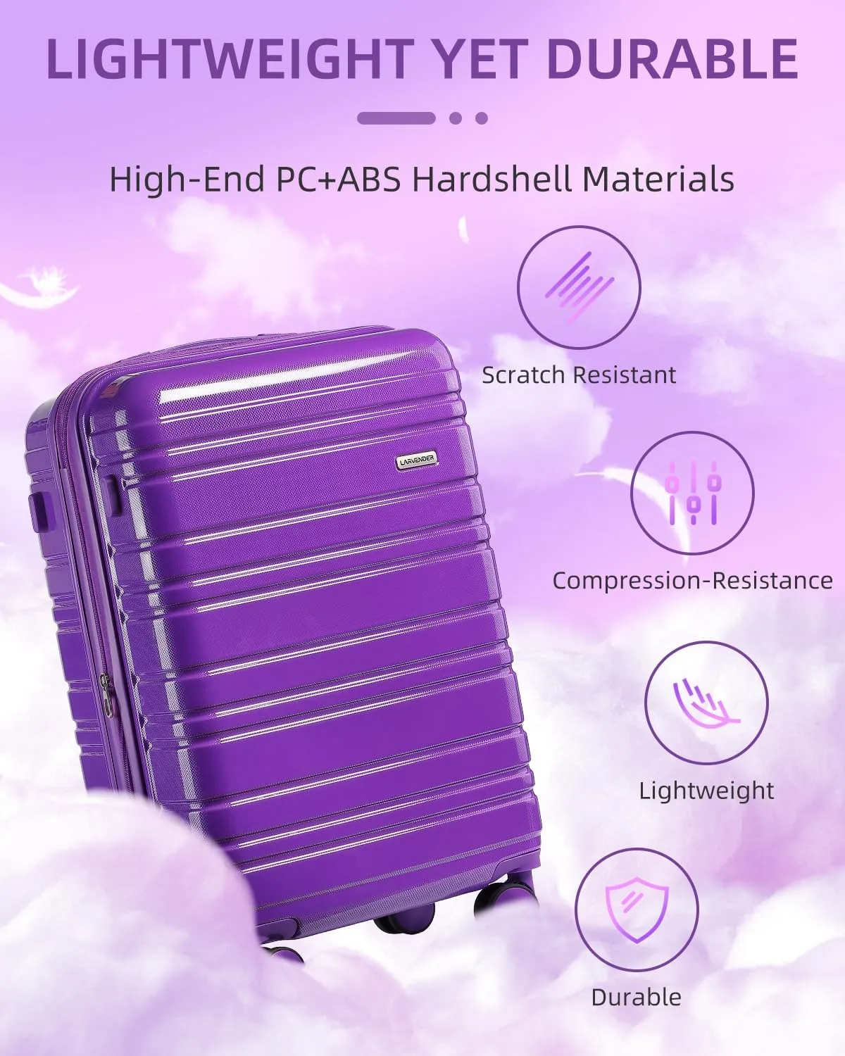 LARVENDER Carry on Luggage 22x14x9 Airline Approved, 20 Inch Hardside Suitcase with Wheels TSA Lock, PC ABS Lightweight Travel Luggage Sets for Women, Glossy Purple, 3 Piece Set